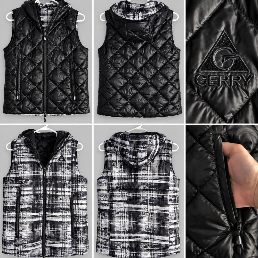Gerry Reversible Black Quilted Puffer Vest Hooded Abstract Plaid